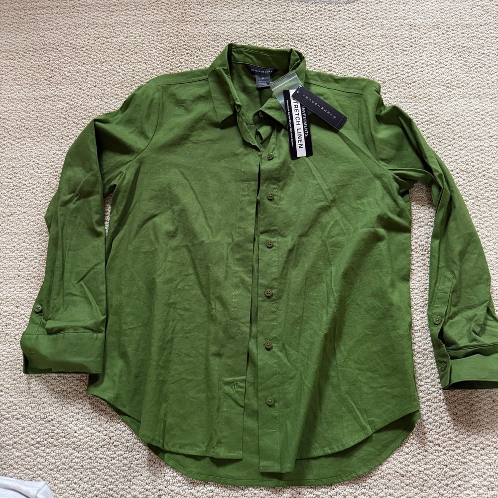 Investments Stretch Linen Button Down‎ Shirt Women's Small Green Long Sleeve